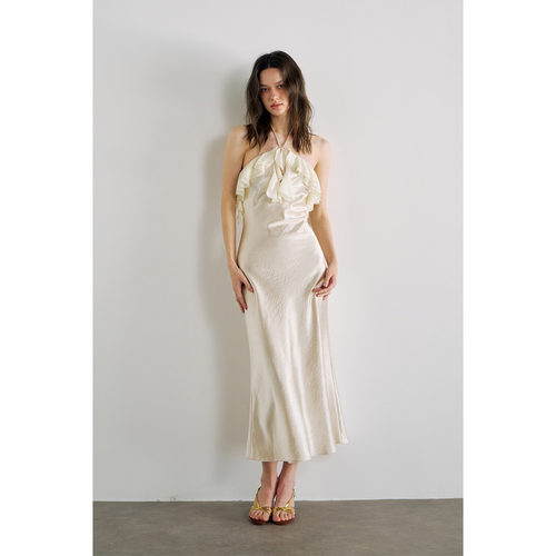 PynkiSwear 香槟白/蓝色挂脖荷叶边缎面抹胸长裙修身高智连衣裙女