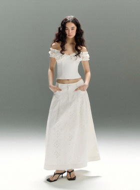 PynkiSwear白色100棉中低腰A字版型长款伞裙/V领一字肩鱼骨上衣女