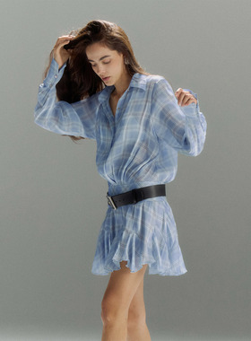 PynkiSwear 蓝色格纹翻领宽松木耳边短款连衣裙小众衬衫百褶裙女