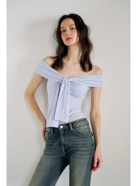 PynkiSwear 蓝色条纹一字肩系带修身针织T恤女显瘦收腰短款上衣