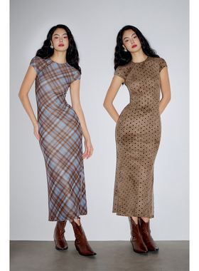 PynkiSwear 蓝咖格纹/深色波点 小圆领新中式改良旗袍修身连衣裙