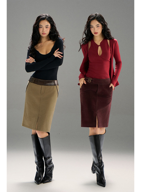 PynkiSwear 酒红色麂皮绒复古低腰直筒裙卡其色拼皮腰头牛仔半裙