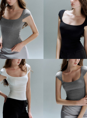 PynkiSwear 白/黑/灰色大方领修身短款T恤女显瘦简约精棉辣妹上衣