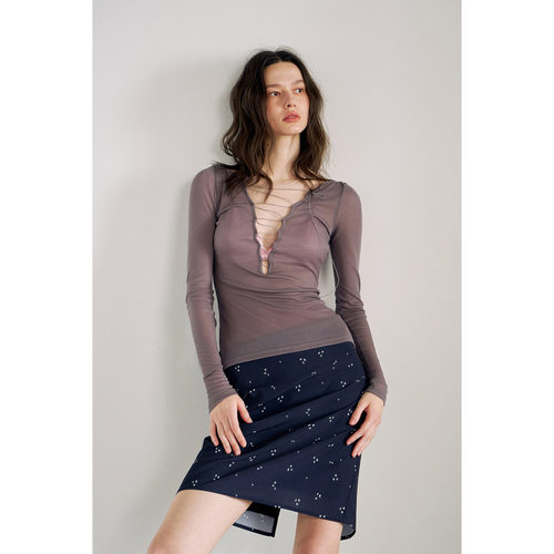 PynkiSwear藏青色/灰(偏紫)100天丝V领微透长袖T恤上衣系绳可调节