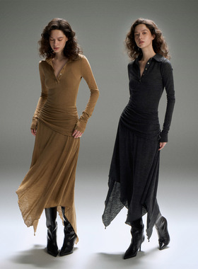 PynkiSwear 深灰色/浅咖色100羊毛翻领褶皱修身不规则长款连衣裙