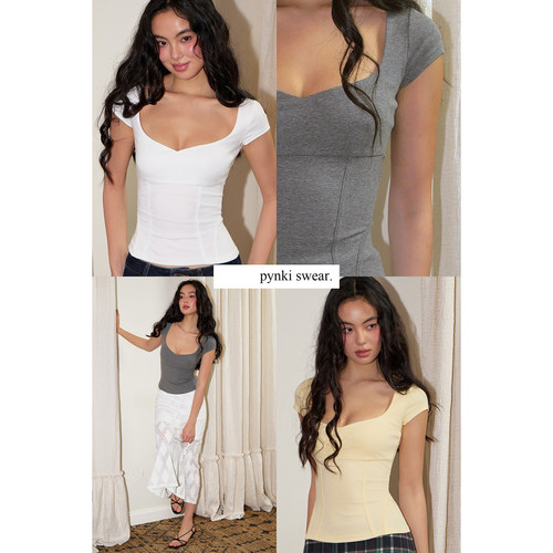 PynkiSwear 纯色大方领仿鱼骨修身短袖T恤女基础弹力显瘦上衣