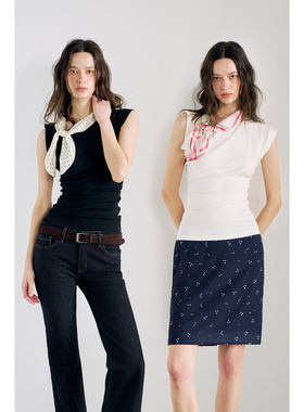 PynkiSwear 白色/黑色侧领结无袖不对称褶皱修身小众T恤上衣女夏