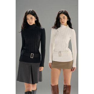 麻花腰带毛衣女绞花针织打底衫 白色高领修身 上衣 黑色 PynkiSwear