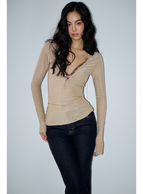 PynkiSwear 金色V领长袖修身T恤女金属丝弹力细闪上衣秋系带可调