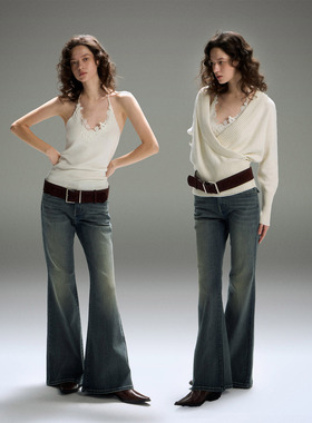 PynkiSwear白色羊毛v领交叠针织长袖毛衣/兔绒挂脖蕾丝花朵吊带秋