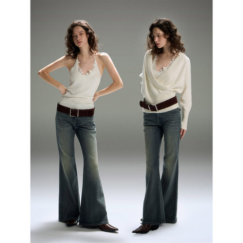 PynkiSwear白色羊毛v领交叠针织长袖毛衣/兔绒挂脖蕾丝花朵吊带秋