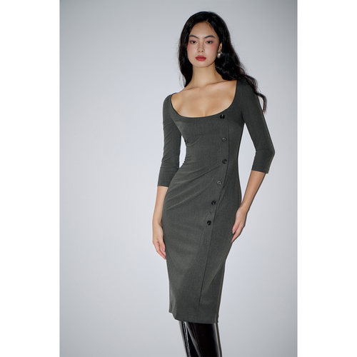 PynkiSwear 深灰色瑞秋裙 大圆领修身连衣裙女单排扣高智西装长裙
