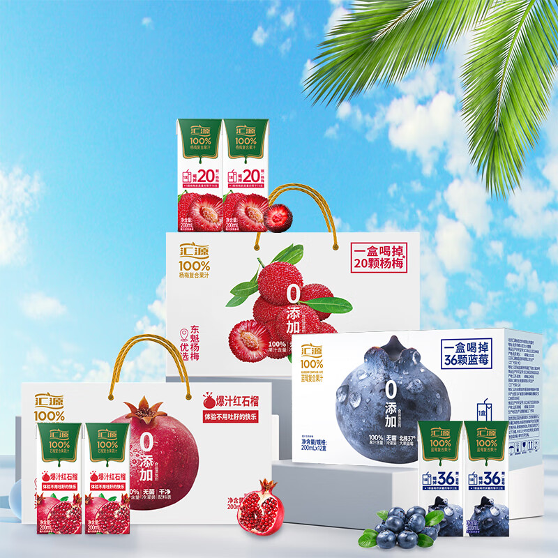 汇源100%蓝莓汁石榴复合果汁200ml*12 6盒浓缩果蔬汁老人儿童饮品