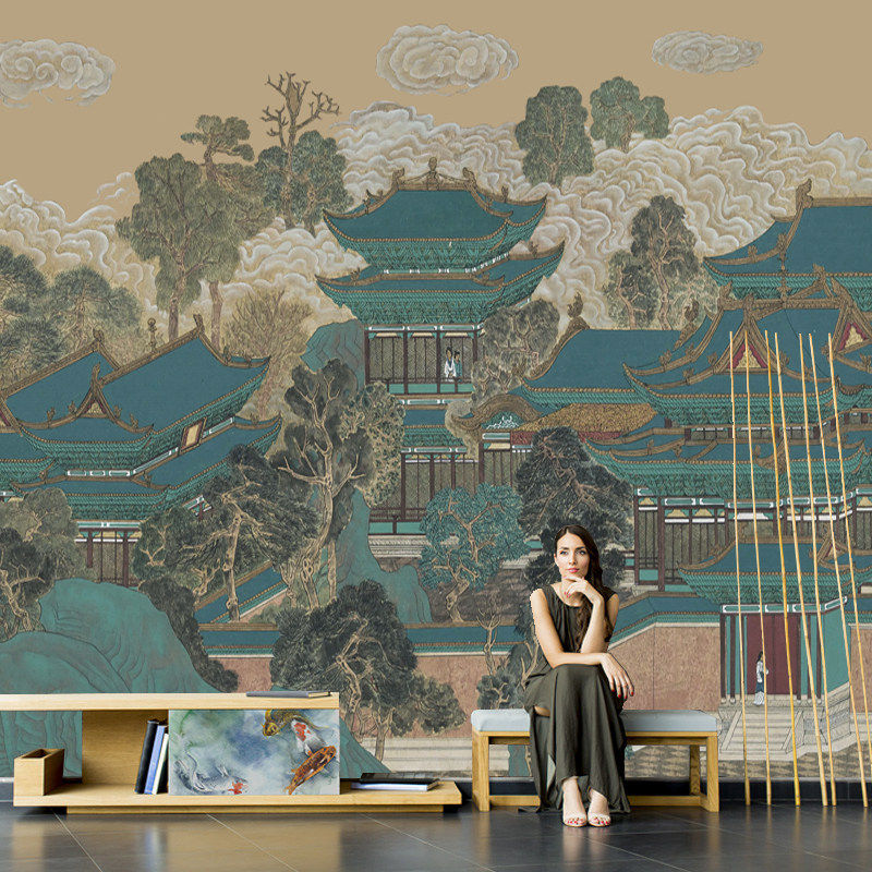 新中式餐厅包厢阁楼山水背景墙壁纸壁布古典饭店包间装修定制壁画