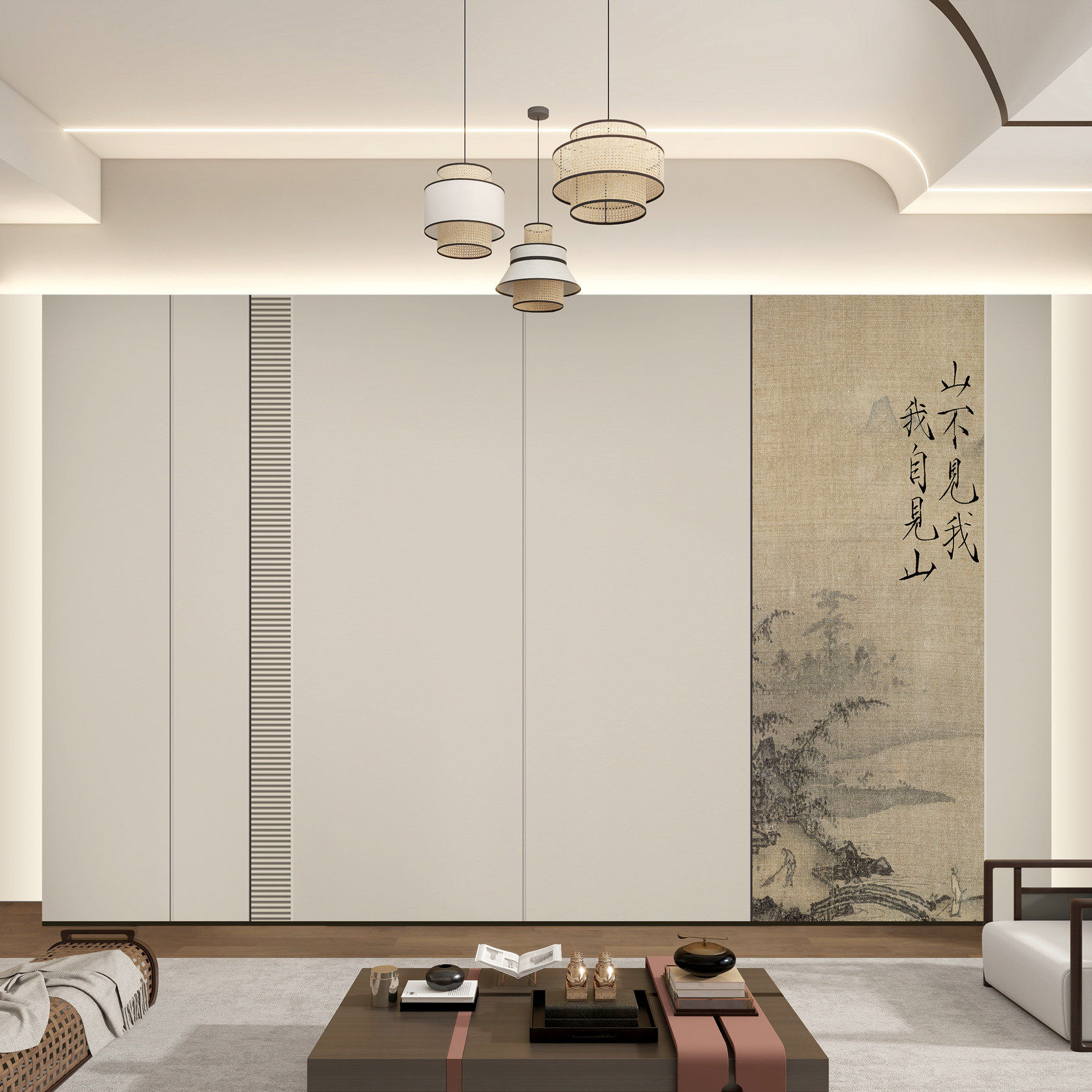 宋氏美学护墙板复古山水画碳晶板背景墙卧室床头竹木纤维集成墙布