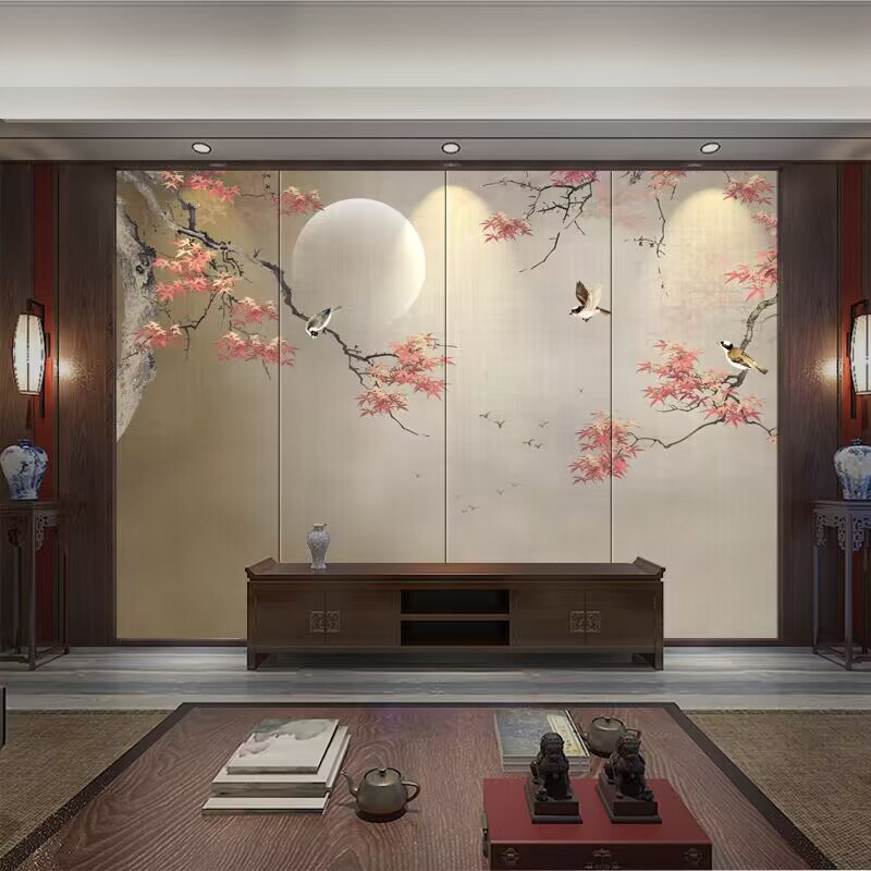 定制新中式卧室床头花鸟背景墙墙板皮革软包沙发客厅电视刺绣壁画,基础建材,集成板,淘宝优惠券,粉丝福利购,淘宝优惠卷