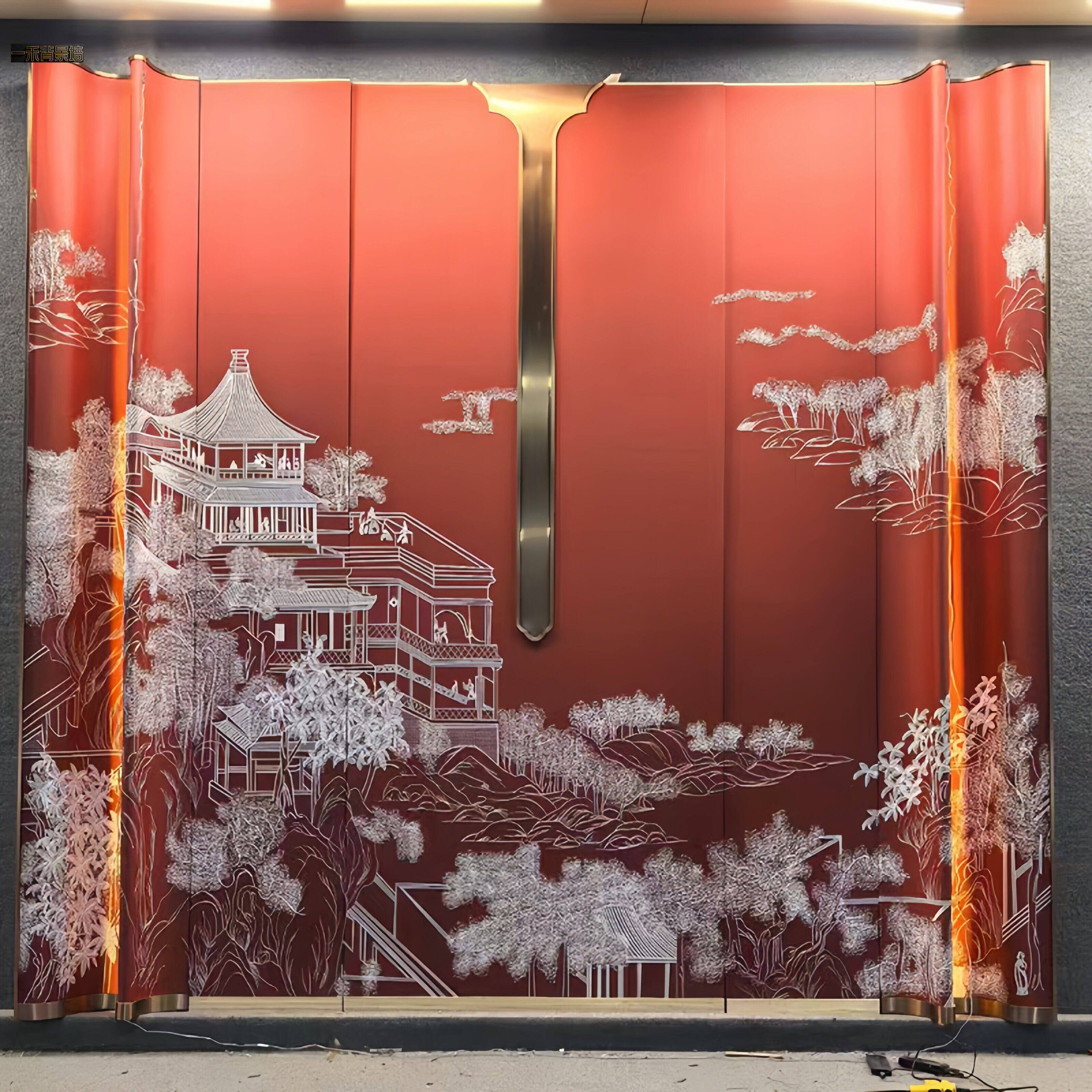 新中式背景墙护墙板弧形墙板刺绣软包硬包设计装修复古风装饰墙板