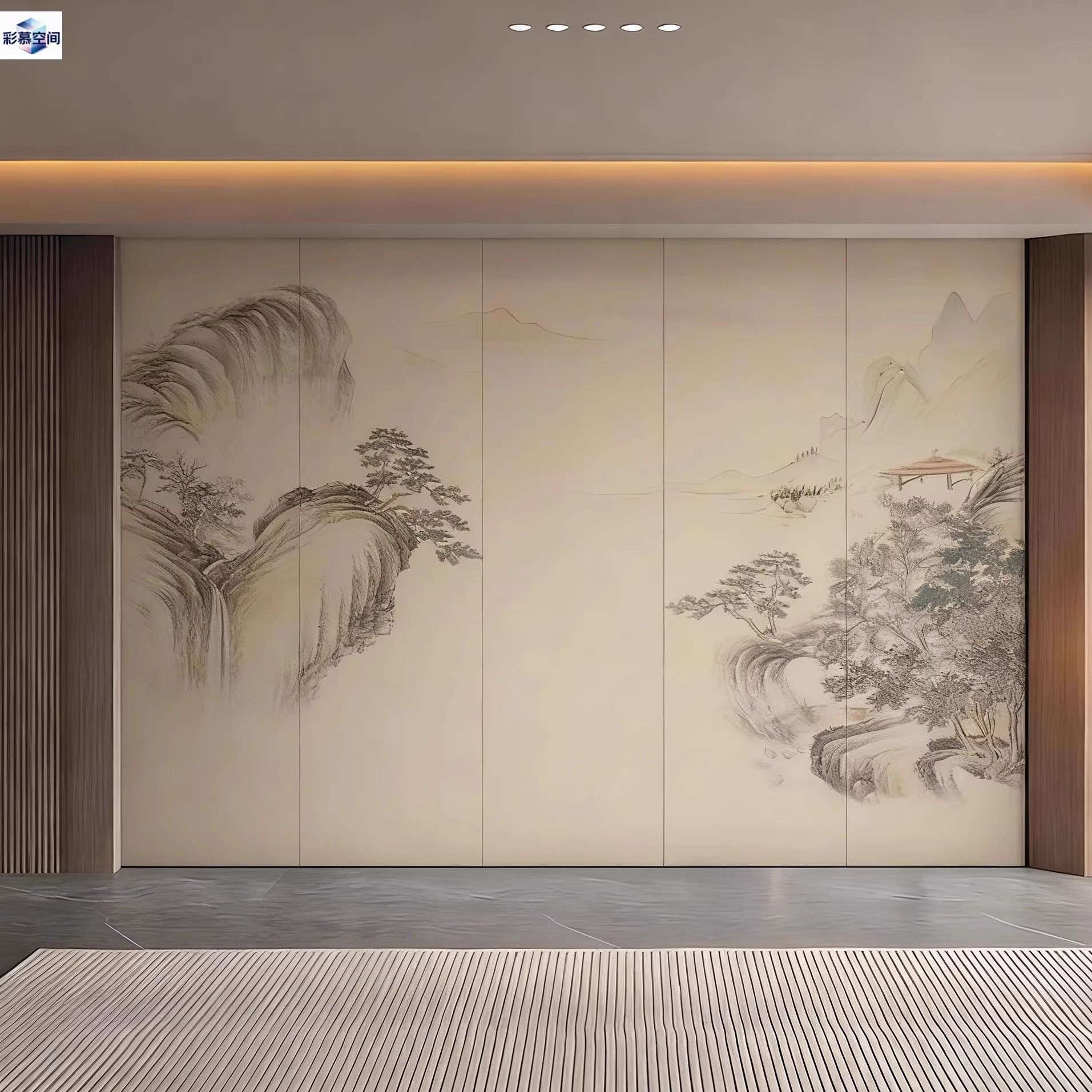 新中式古风山水画扣板客厅电视背景墙碳晶板装饰画宋氏美学护墙板