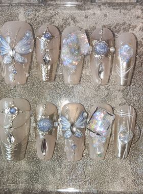 AI冰蓝色猫眼蝴蝶爆闪欧泊手工穿戴甲冰糖透底钻显白 SY轻奢美甲