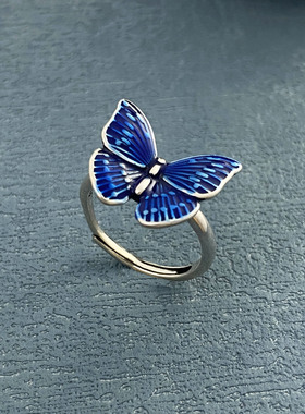 景泰蓝珐琅蝴蝶戒指女泰银小众设计感时尚创意开口可调节食指