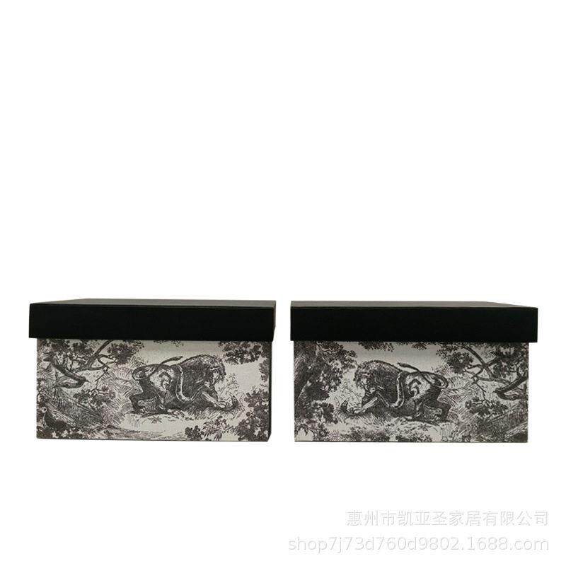 新款木质布艺黑灰动物图纹收纳盒衣帽间衣物分类箱家居储物装饰品
