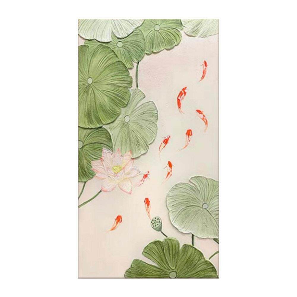 立体手绘油画《锦鲤纳祥》荷花鱼图玄关过道挂画厚肌装饰理壁画