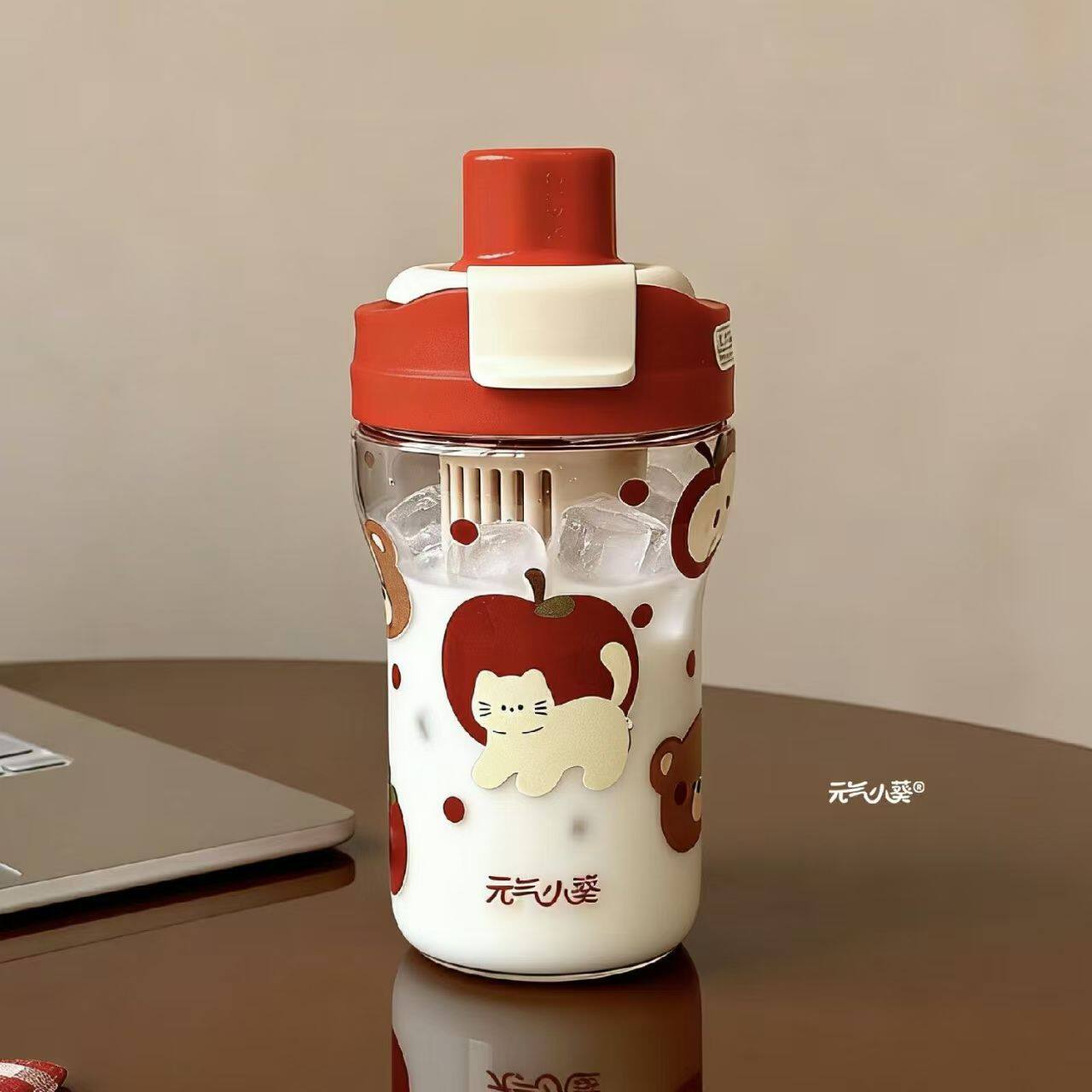 透明杯子红色盖子苹果图案饮水杯便携学生小众不撞款吸管杯带茶隔