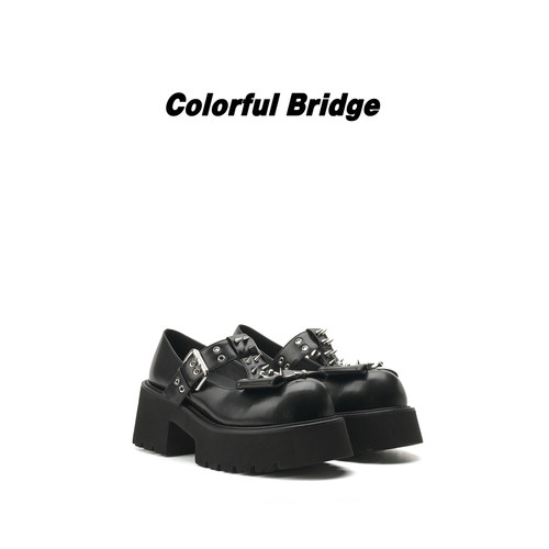 Colorful Bridge【黑棘】铆钉穿孔厚底乐福鞋 T字带玛朋克丽珍鞋