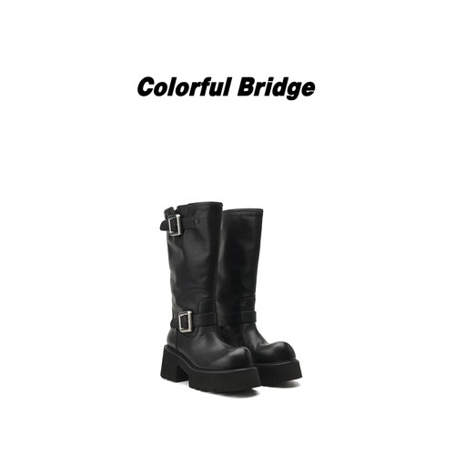 Colorful Bridge【界垒】暗黑工程师靴牛皮中筒靴圆头厚底骑士靴