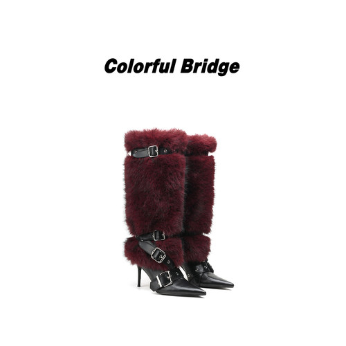 Colorful Bridge【火烬】设计师款尖头毛绒时装靴 一脚蹬中高筒靴