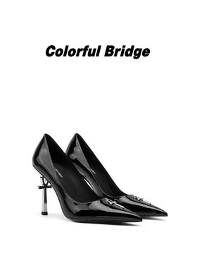 Colorful Bridge【银曜】Ankh钥匙系列 黑色漆皮银色异形跟高跟鞋