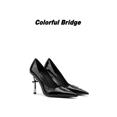 Colorful Bridge【银曜】Ankh钥匙系列 黑色漆皮银色异形跟高跟鞋
