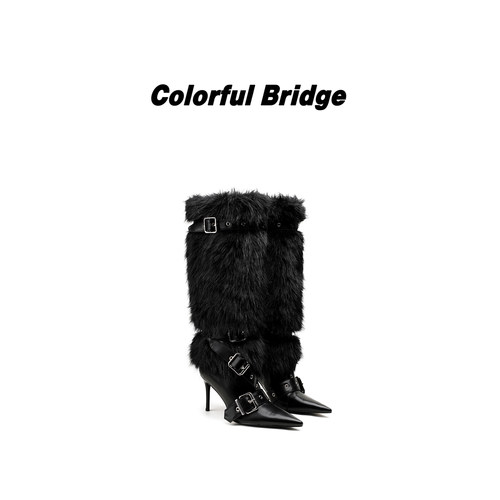 Colorful Bridge【狩夜】设计师款一脚蹬皮带扣靴 毛黑色绒高筒靴