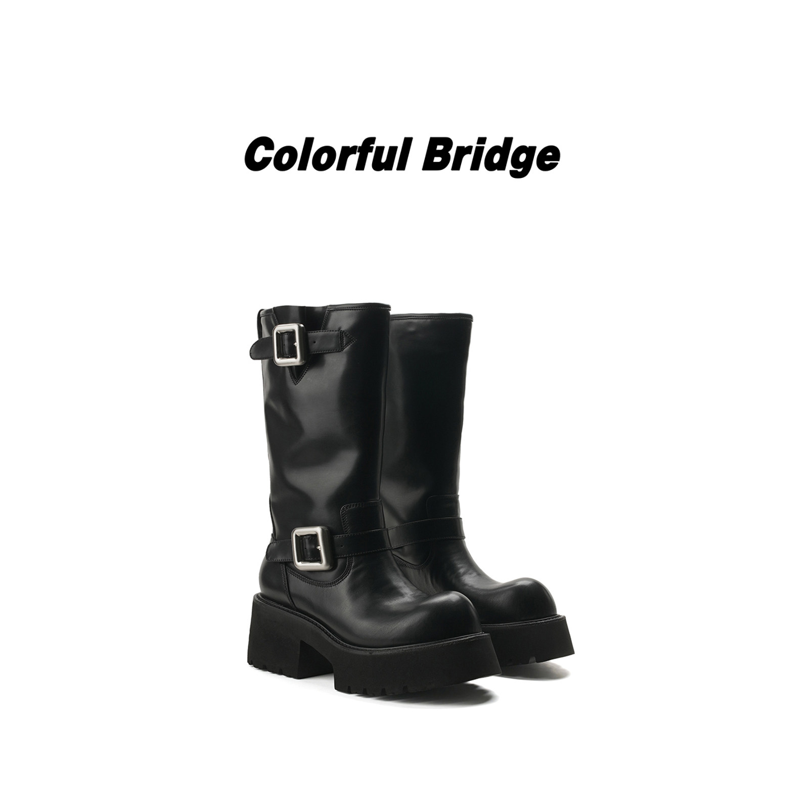 Colorful Bridge【界垒】暗黑工程师靴牛皮中筒靴圆头厚底骑士靴图片