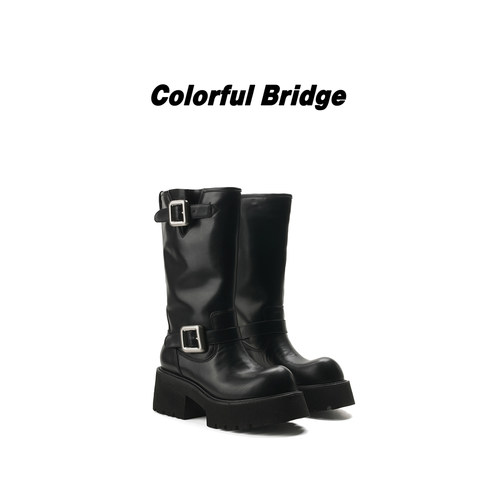 Colorful Bridge【界垒】暗黑工程师靴牛皮中筒靴圆头厚底骑士靴