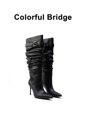 Colorful Bridge丨褶皱堆堆靴风衣靴 细跟尖头一脚蹬黑色高筒靴