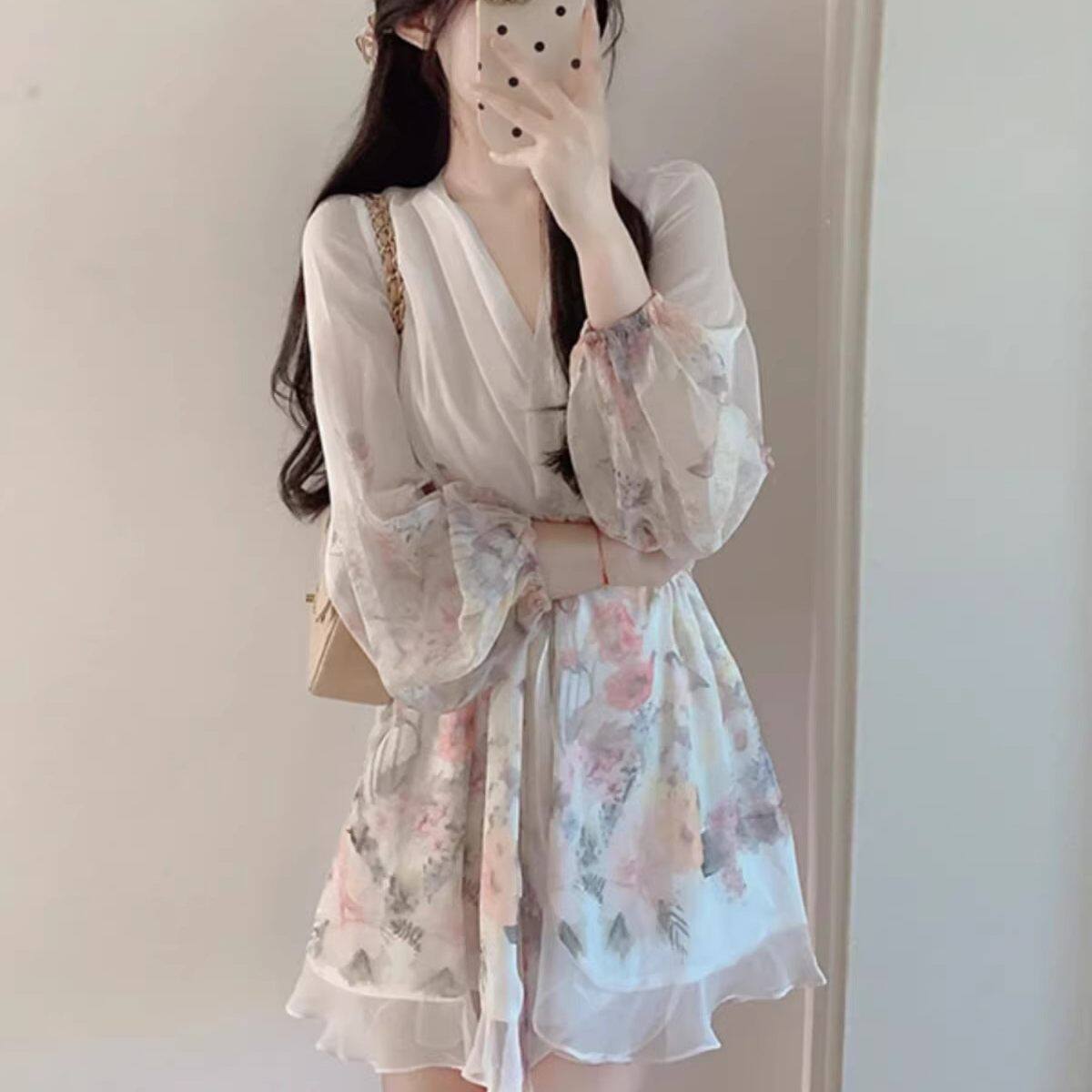大尺码微胖茶歇法式碎花V