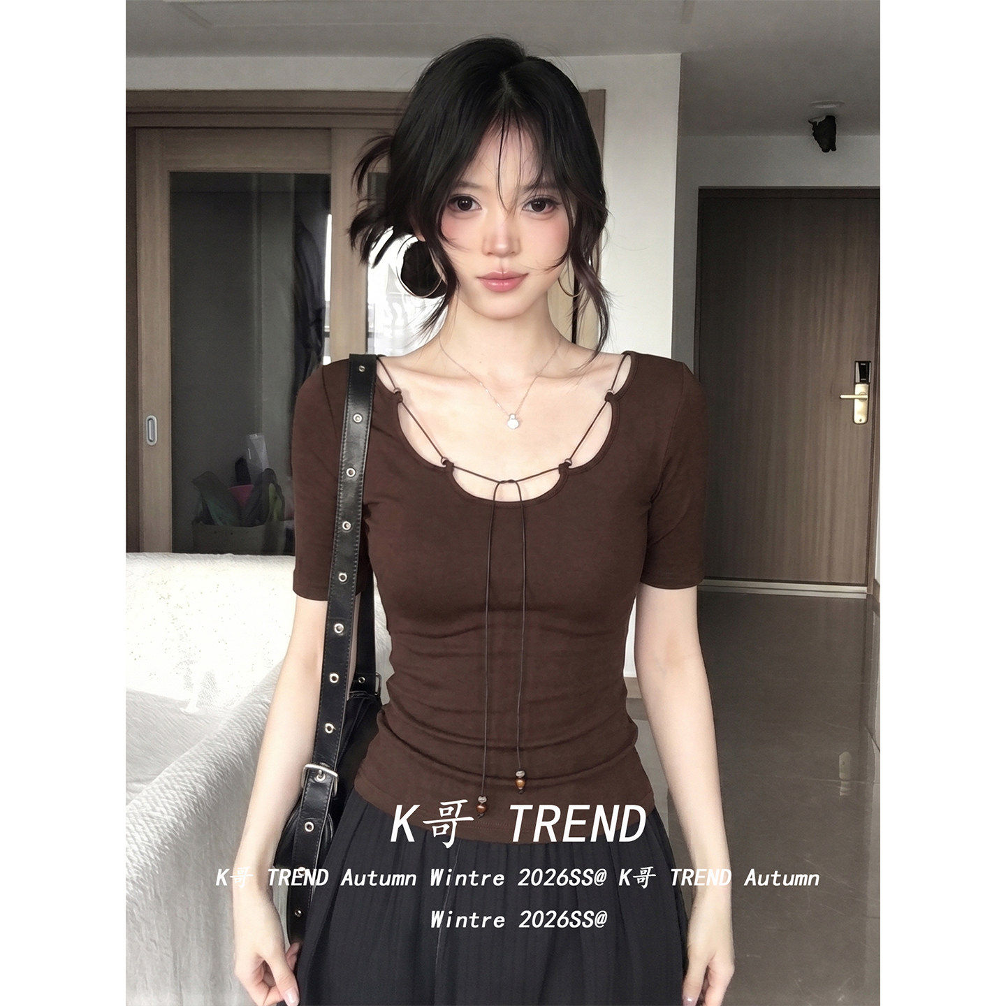 辣妹风咖色短袖T恤女夏季设计感系带修身显瘦纯欲性感百搭上衣潮