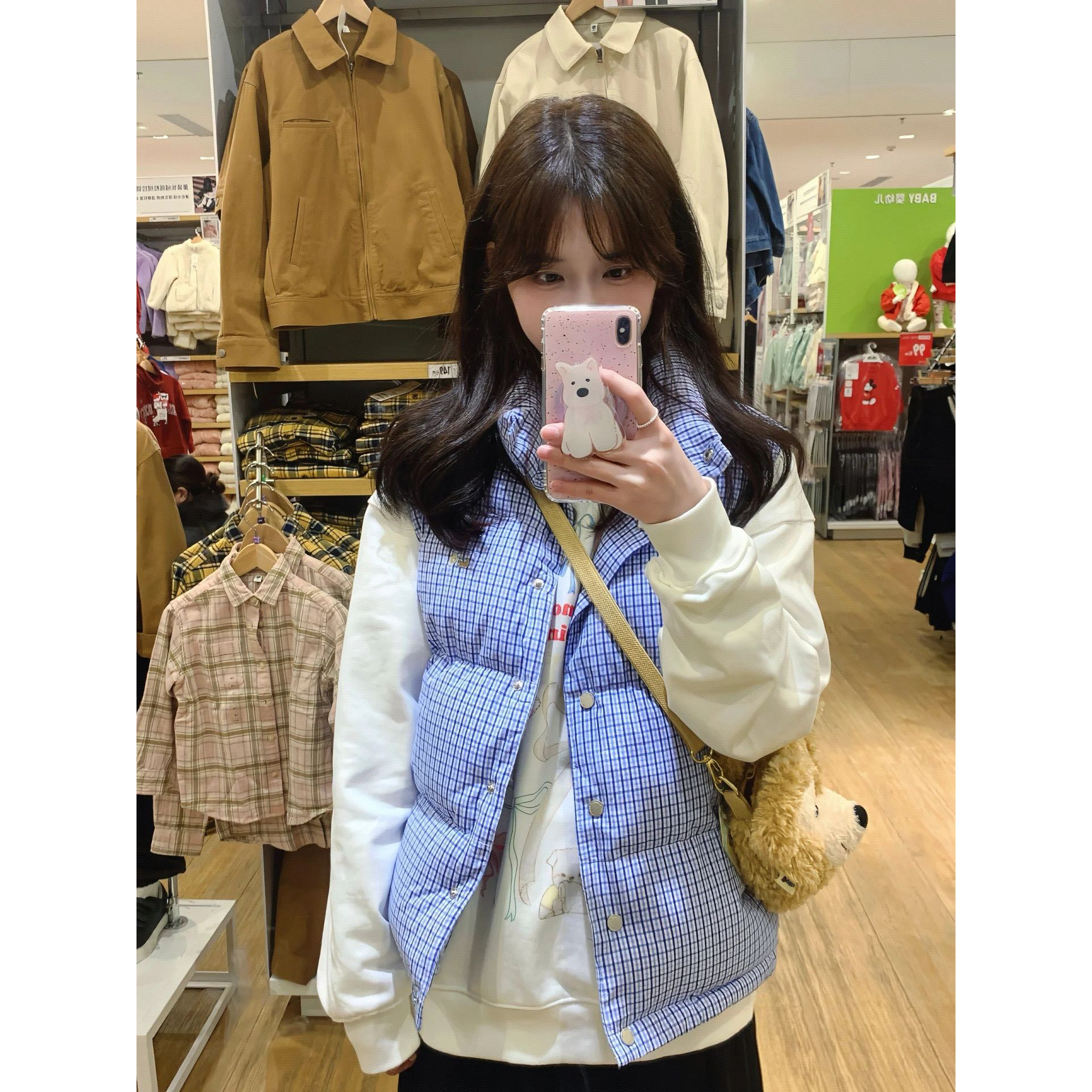 女装格纹刺绣格子棉服马甲保暖无袖背心外套女