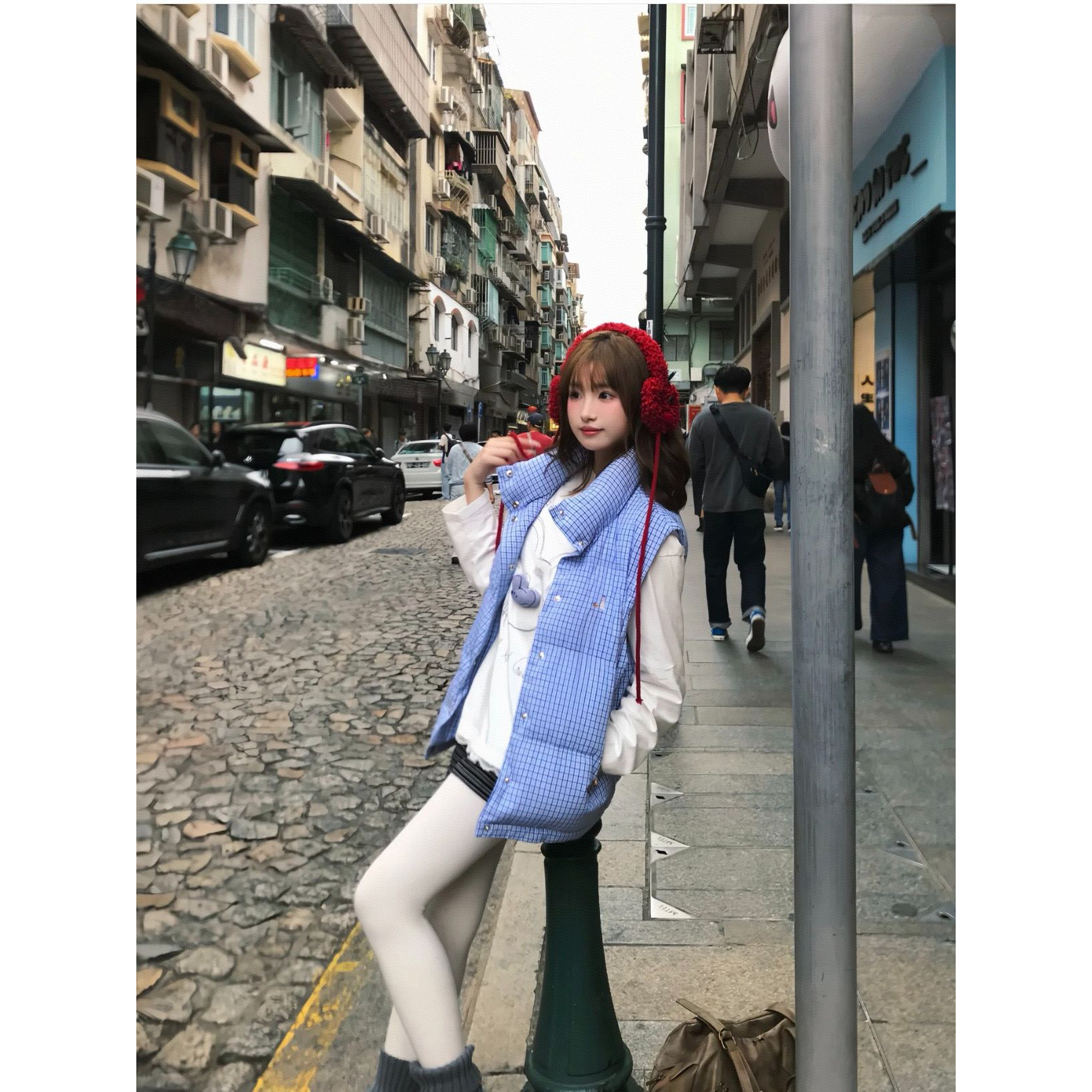 女装格纹刺绣格子棉服马甲保暖无袖背心外套女
