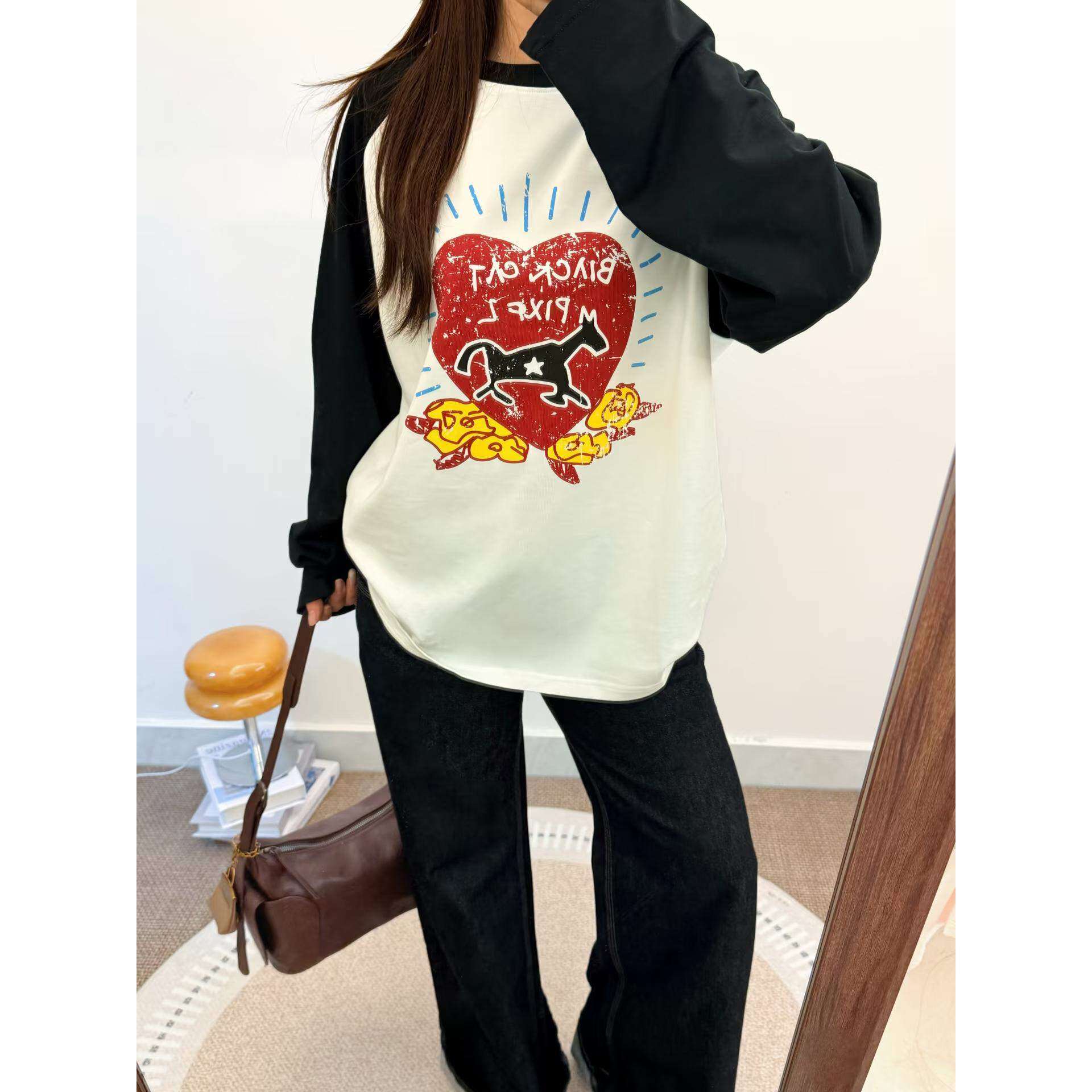 捡漏专柜撤回尾单大牌正品精梳精密印花秋季拼色长袖T恤女