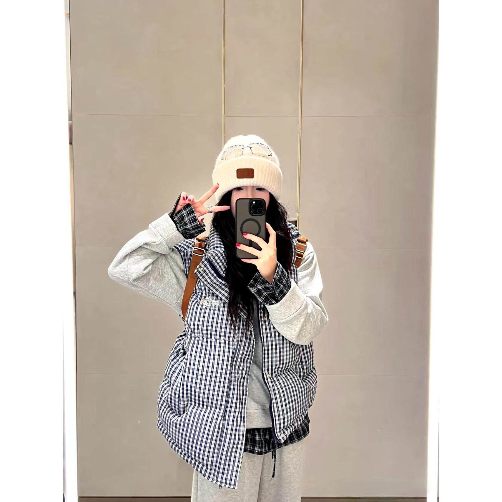 【色织格子】美式格纹马甲棉服女冬季宽松刺绣外穿百搭保暖拉链