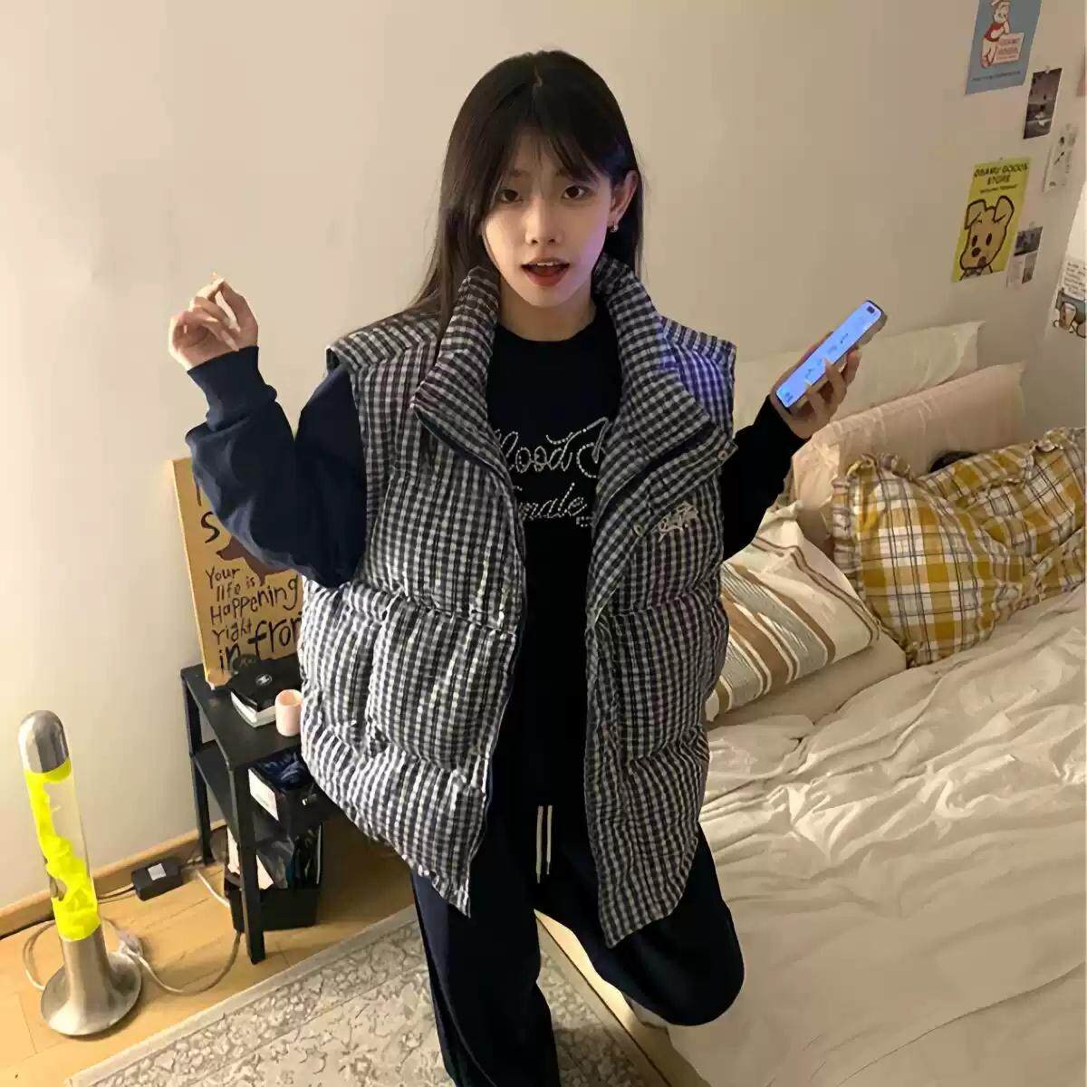 色织格美式格纹马甲棉服女冬季宽松刺绣外穿百搭保暖拉链外套潮
