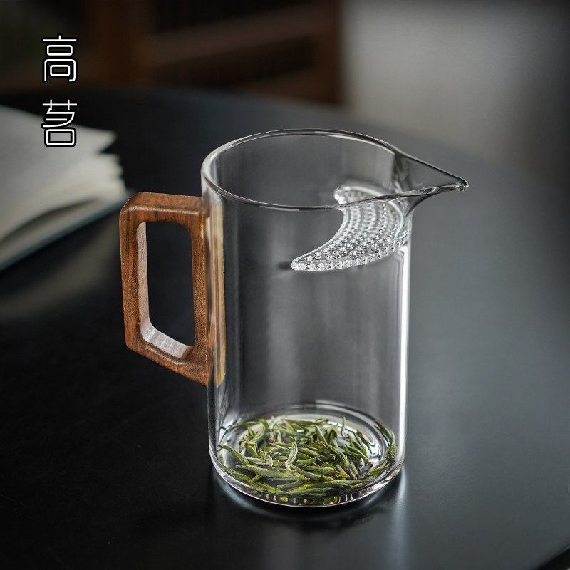 高茗月牙公道杯茶水分离玻璃茶滤网一体过滤茶杯功夫高硼硅带手柄