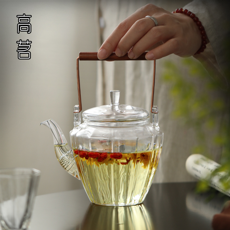 高茗玻璃木把提梁壶耐热女士泡花茶专用煮茶泡茶壶日式复古烧水壶