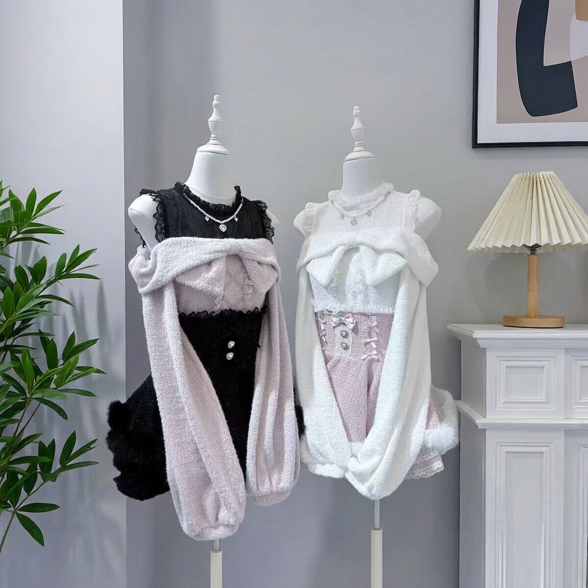日系蕾服裙子初雪含风清楚系露肩上衣蕾丝半裙套装显瘦两件套女