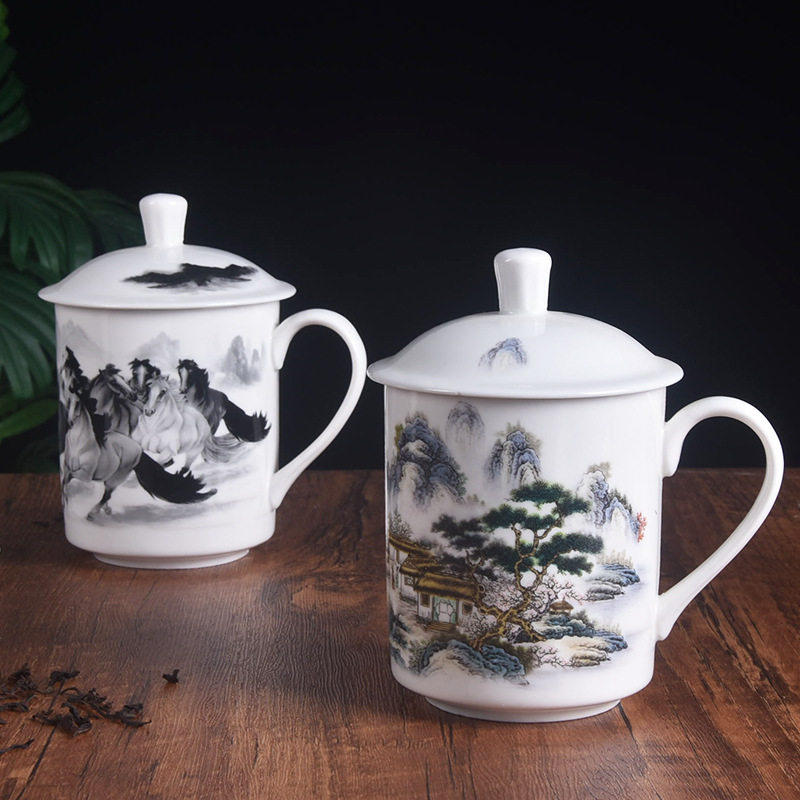 一级骨瓷杯景德镇骨瓷茶杯带盖水杯家用陶瓷杯会议杯办公室茶杯