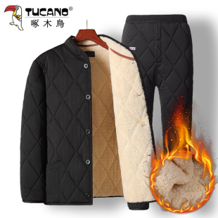 爸爸保暖防寒棉袄 套装 啄木鸟正品 中老年人加绒加厚羊羔绒棉衣棉裤