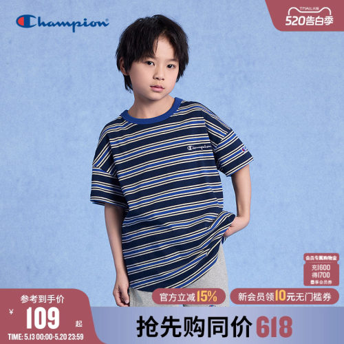 Champion冠军LOGO标条纹短袖T恤