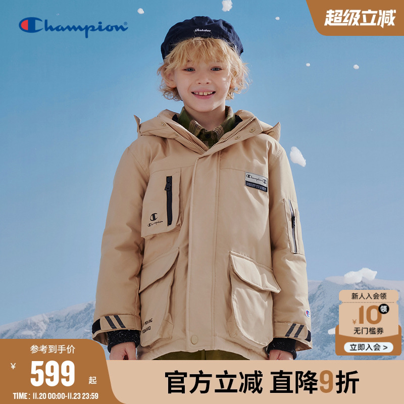 Champion冠军男女儿童装25冬季复古亲子多口袋保暖鸭绒连帽羽绒服